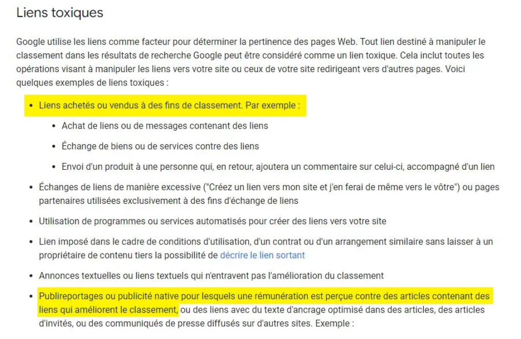 Article vente liens reco google