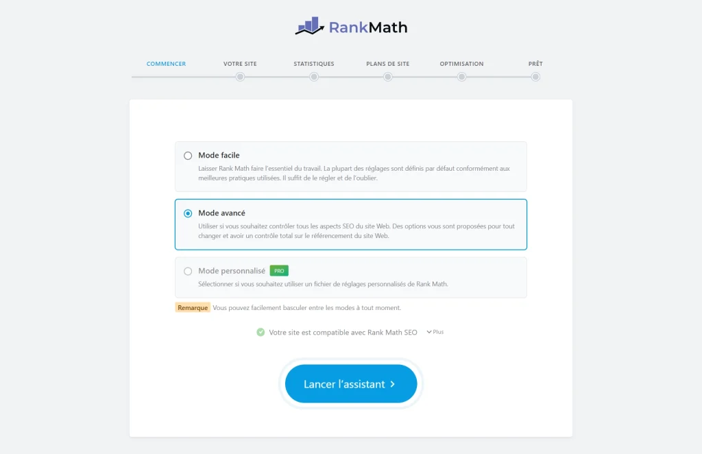Écran de configuration de Rank Math