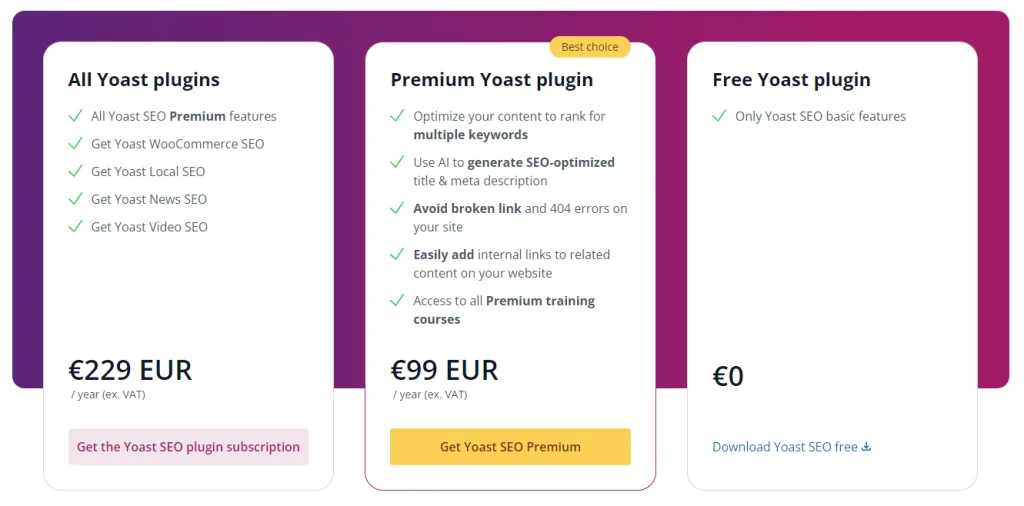 Grille tarifaire de Yoast