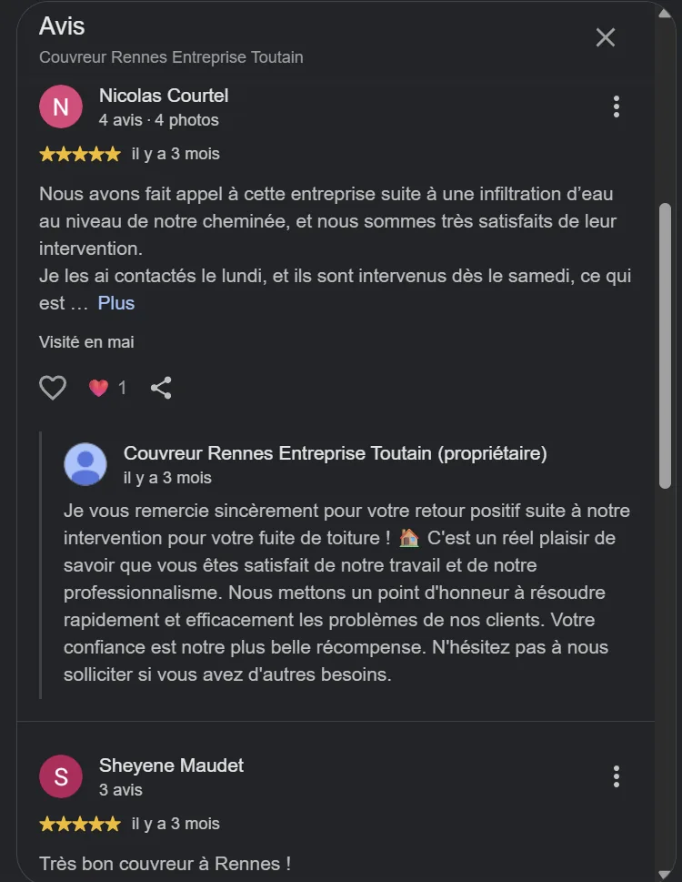 Avis Google détaillé sur une infiltration d'eau et réponse du propriétaire de l'entreprise de couverture