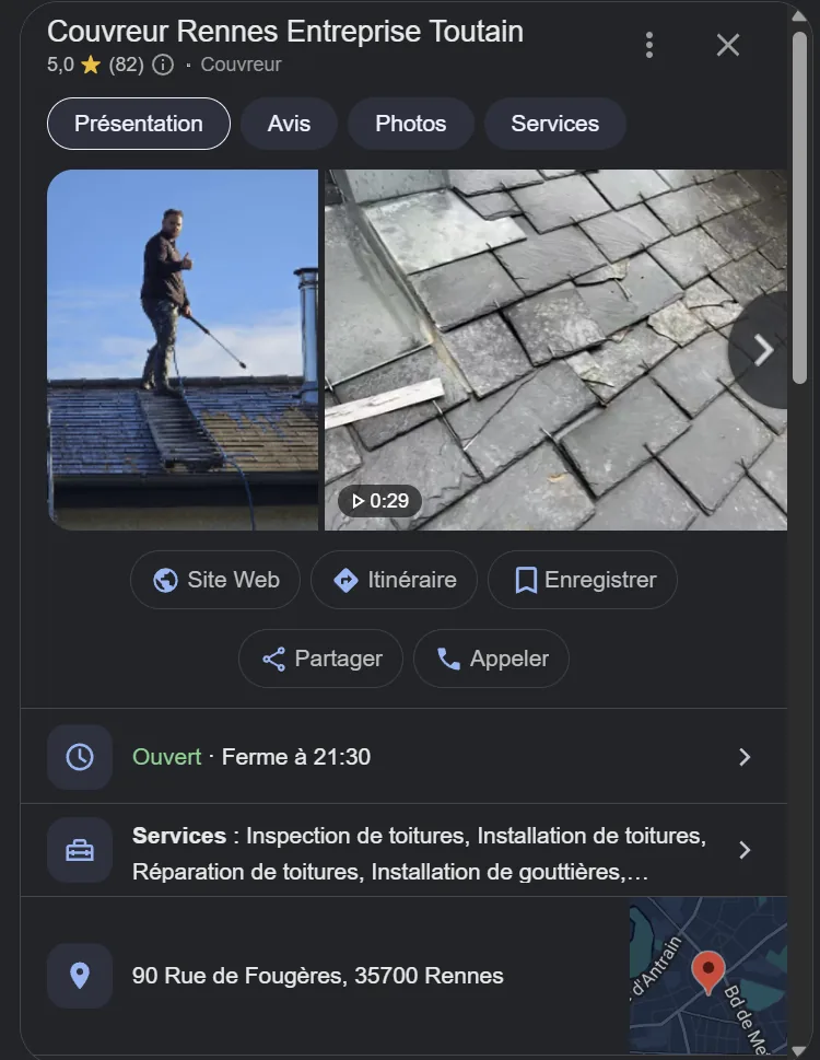 Fiche Google Business d'un couvreur à Rennes dans la recherche Google : note, photos, boutons Site Web, Itinéraire et Appeler, horaires et services