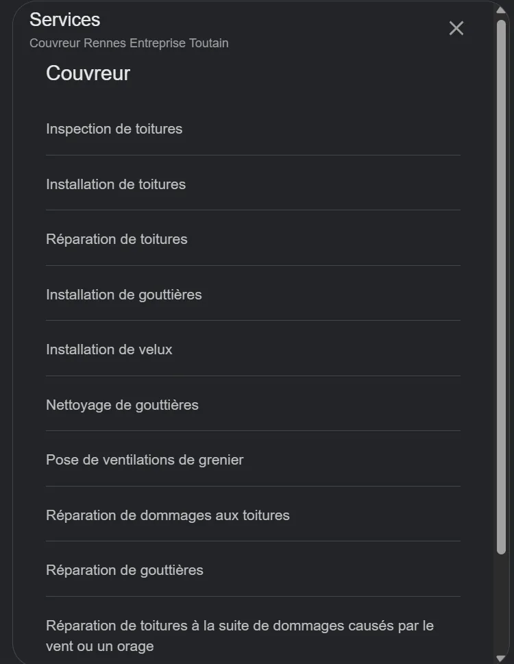 Onglet Services d'une fiche Google Business de couvreur : inspection, installation et réparation de toitures, gouttières, velux, ventilation de grenier